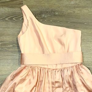 Blush pink gown, one shoulder with belt accent